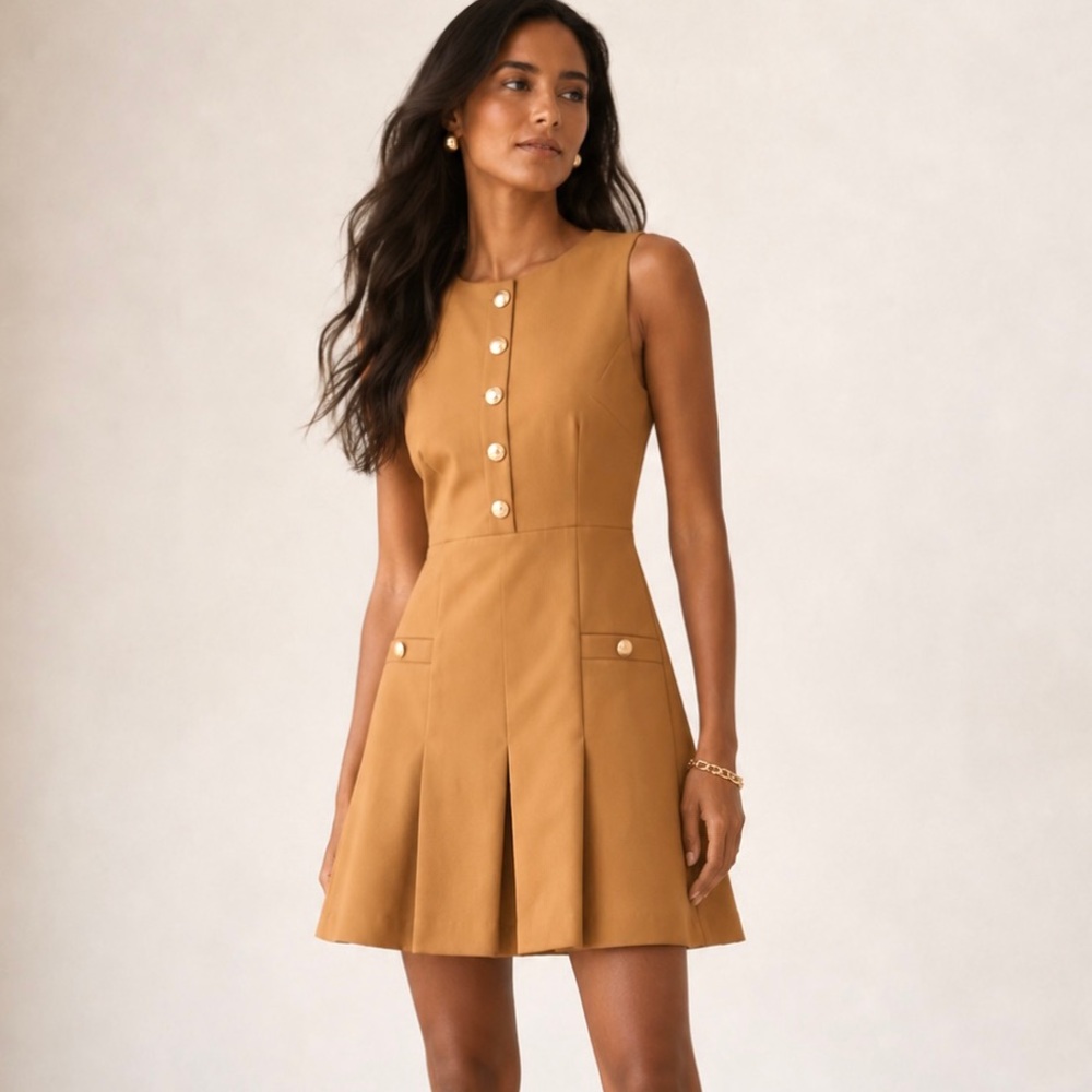 J.Crew Pleated Mini Dress Italian Bi-Stretch Wool Camel Gold Button Size 4